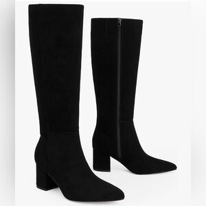 Knee High Boots Women Black Pointed Toe Chunky Heel Boots Side Zipper - Sz 8
